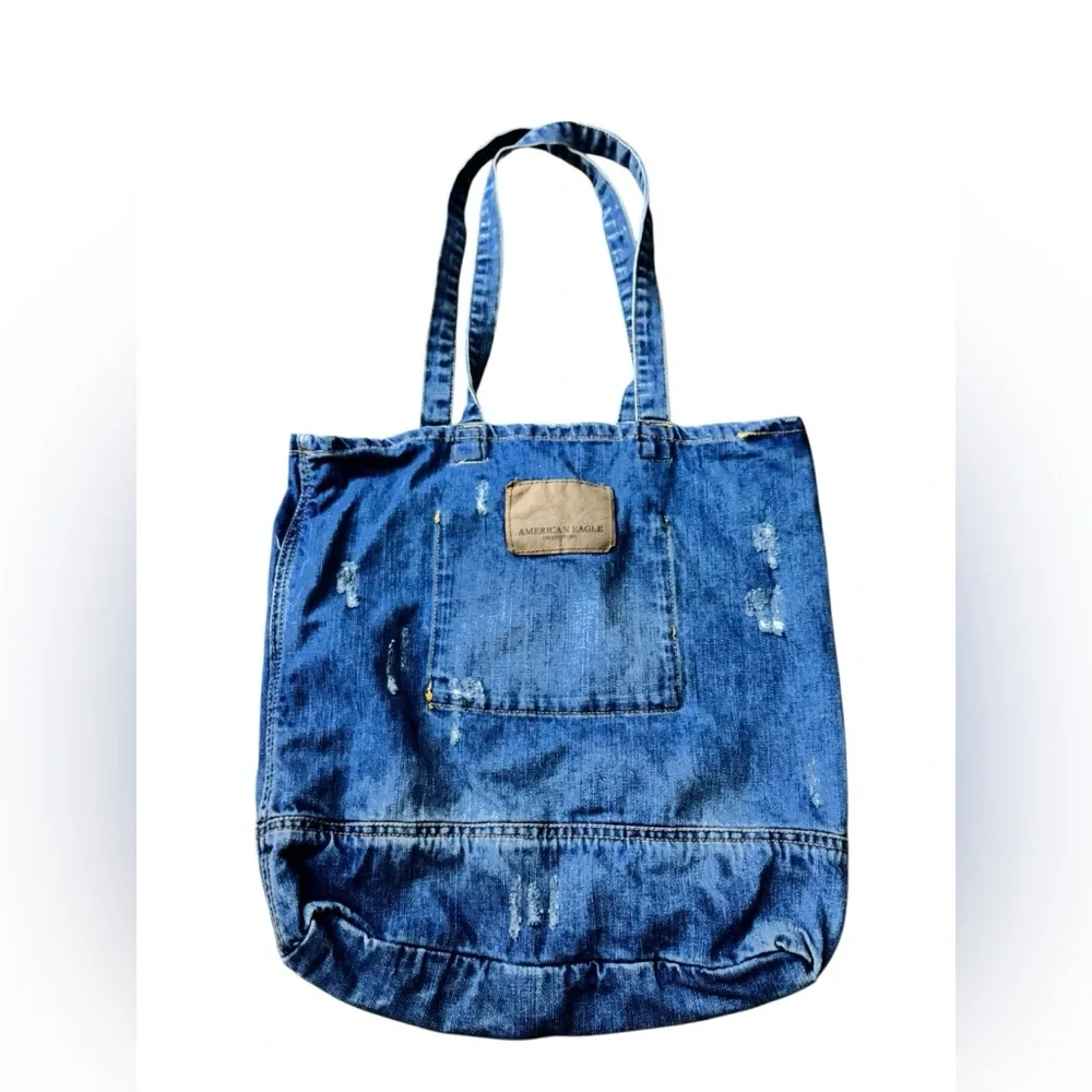 American Eagle Outfitters Distressed Denim Tote Bag – Blue Cotton Shopper